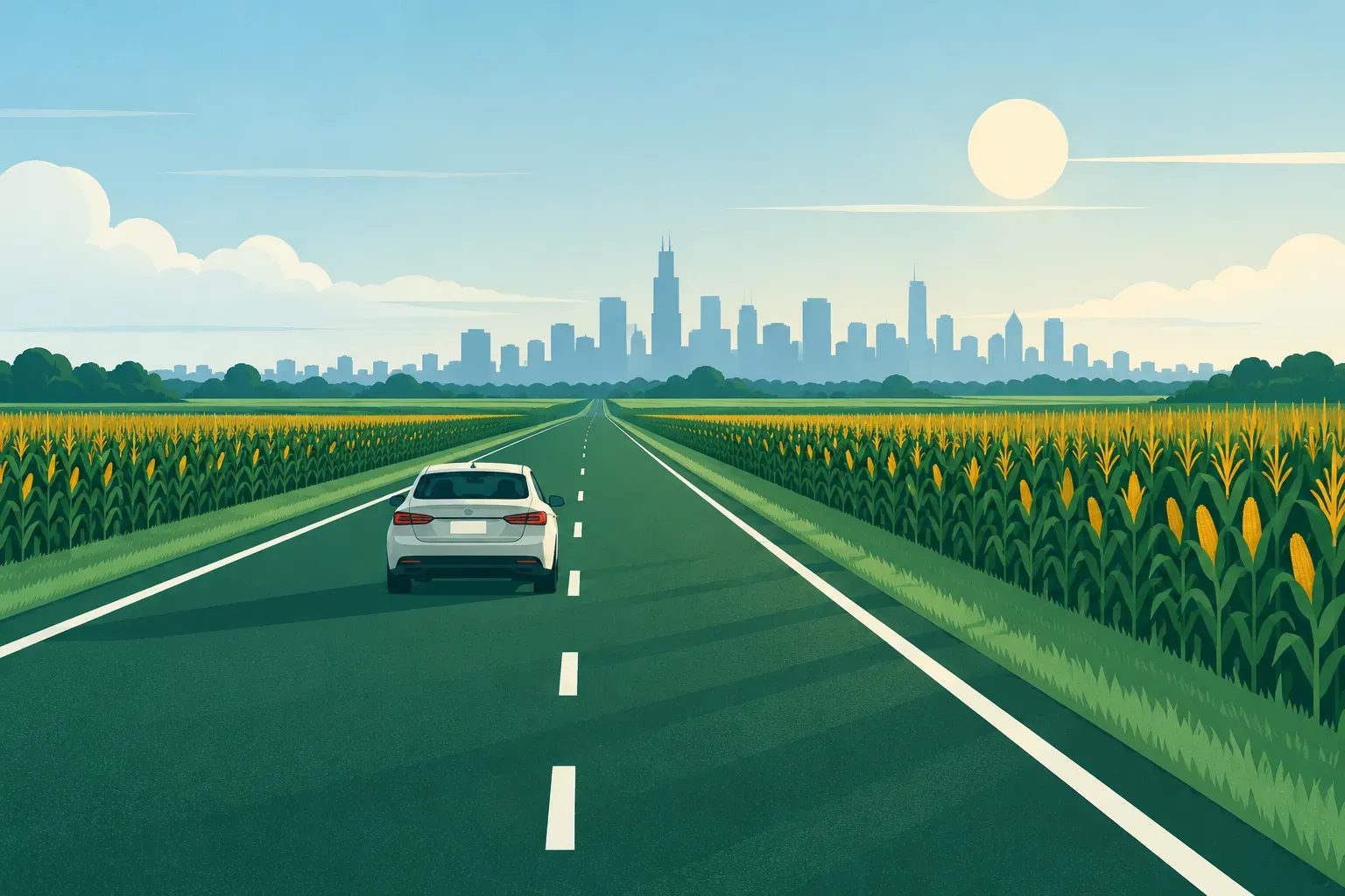 A straight highway through cornfields toward a distant city skyline, a typical landscape of Illinois