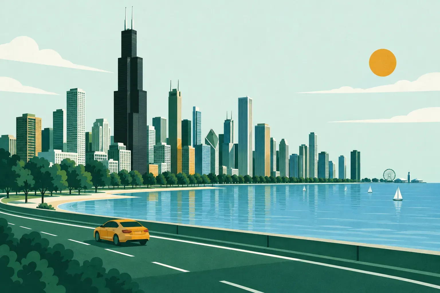 The Chicago skyline with its tallest black skyscraper along the lakefront, in Illinois